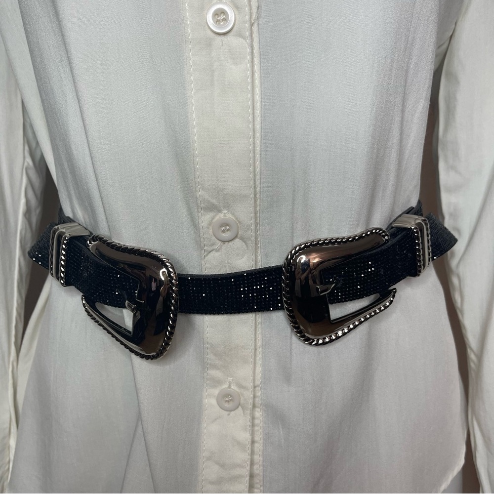 Black PU leather silver tone double buckle skinny belt with rhinestones details